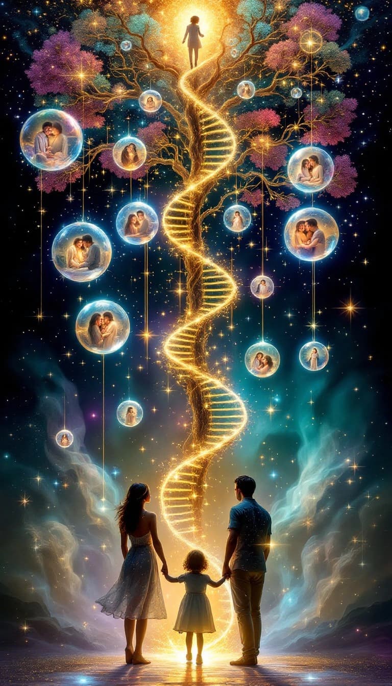 DNA family tree — a glowing double helix merging into a tree of life with family memories in bubbles