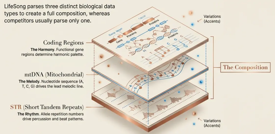 Three DNA data layers — STR drives rhythm, mtDNA drives melody, Coding Regions drive harmony — combining into the composition