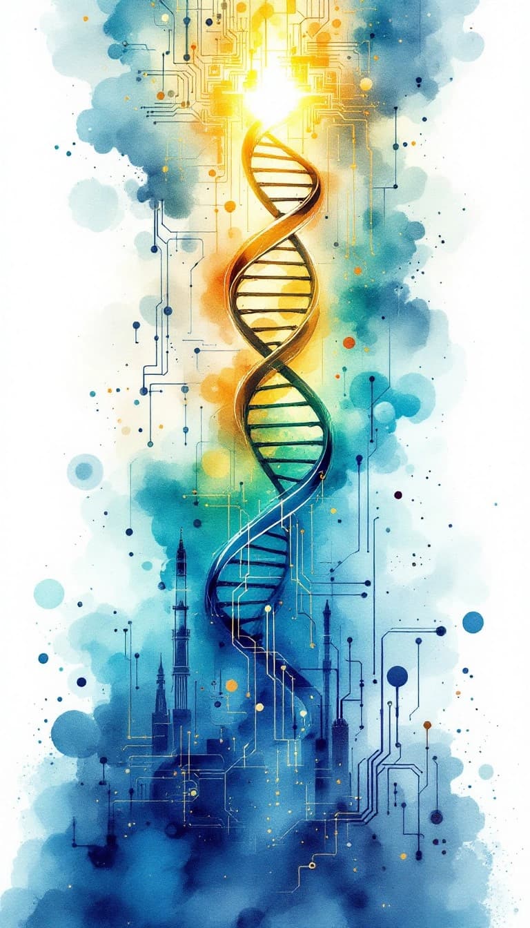 DNA double helix watercolor artwork with circuit elements