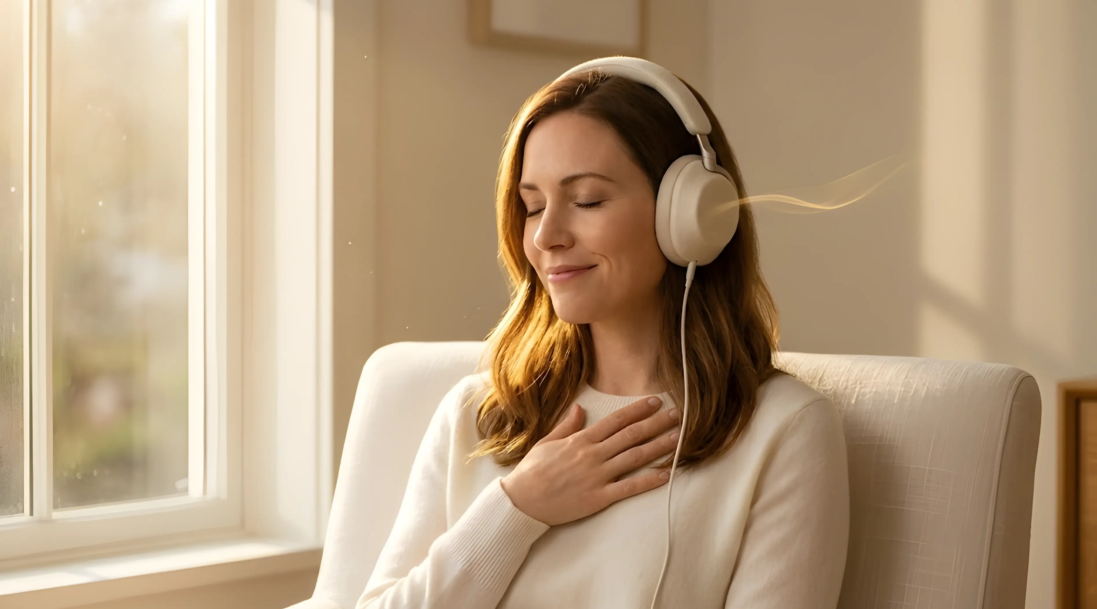 Woman in cream headphones hearing her composition for the first time