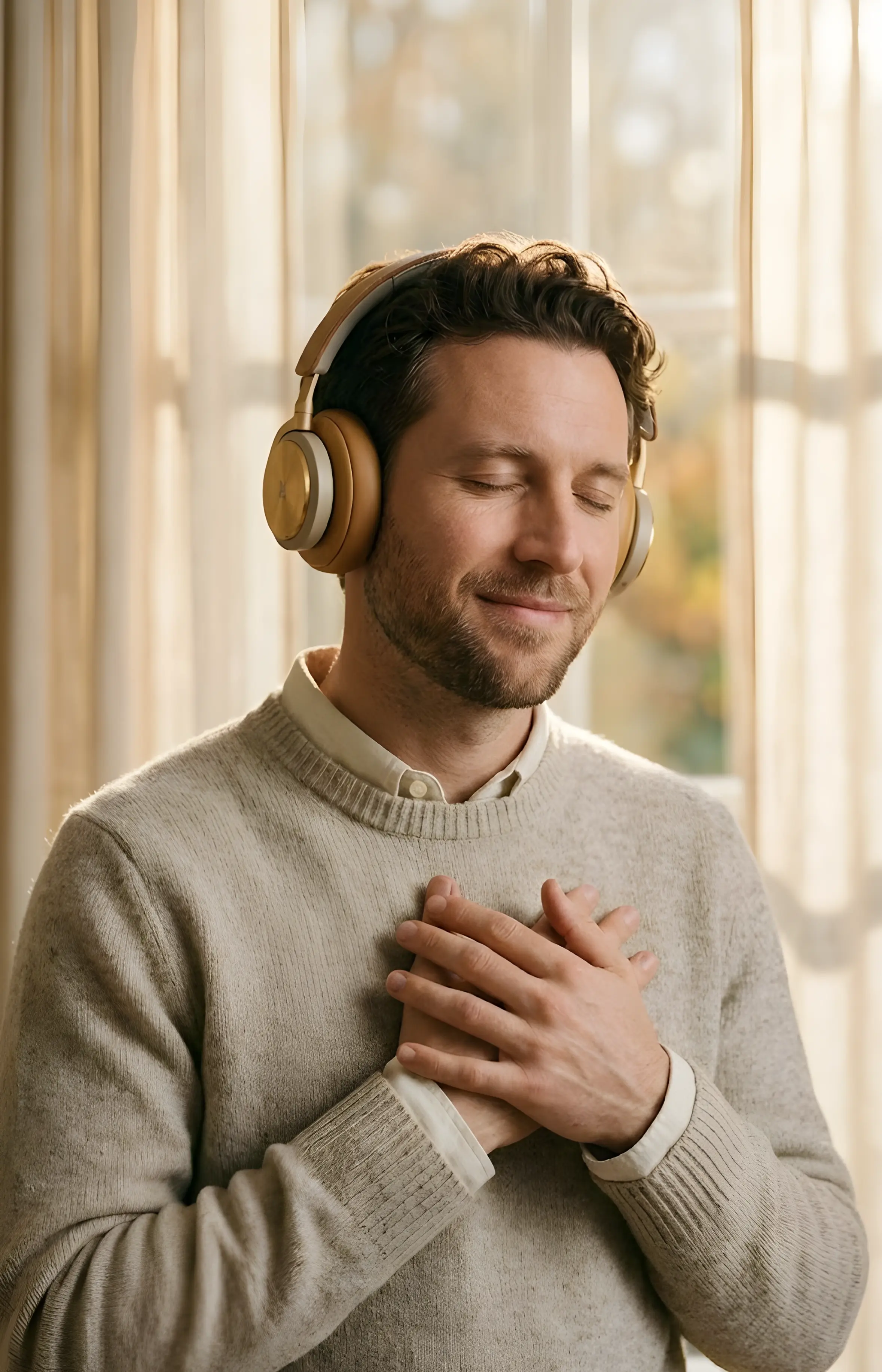 Someone listening with closed eyes to their LifeSong, warm golden-hour light