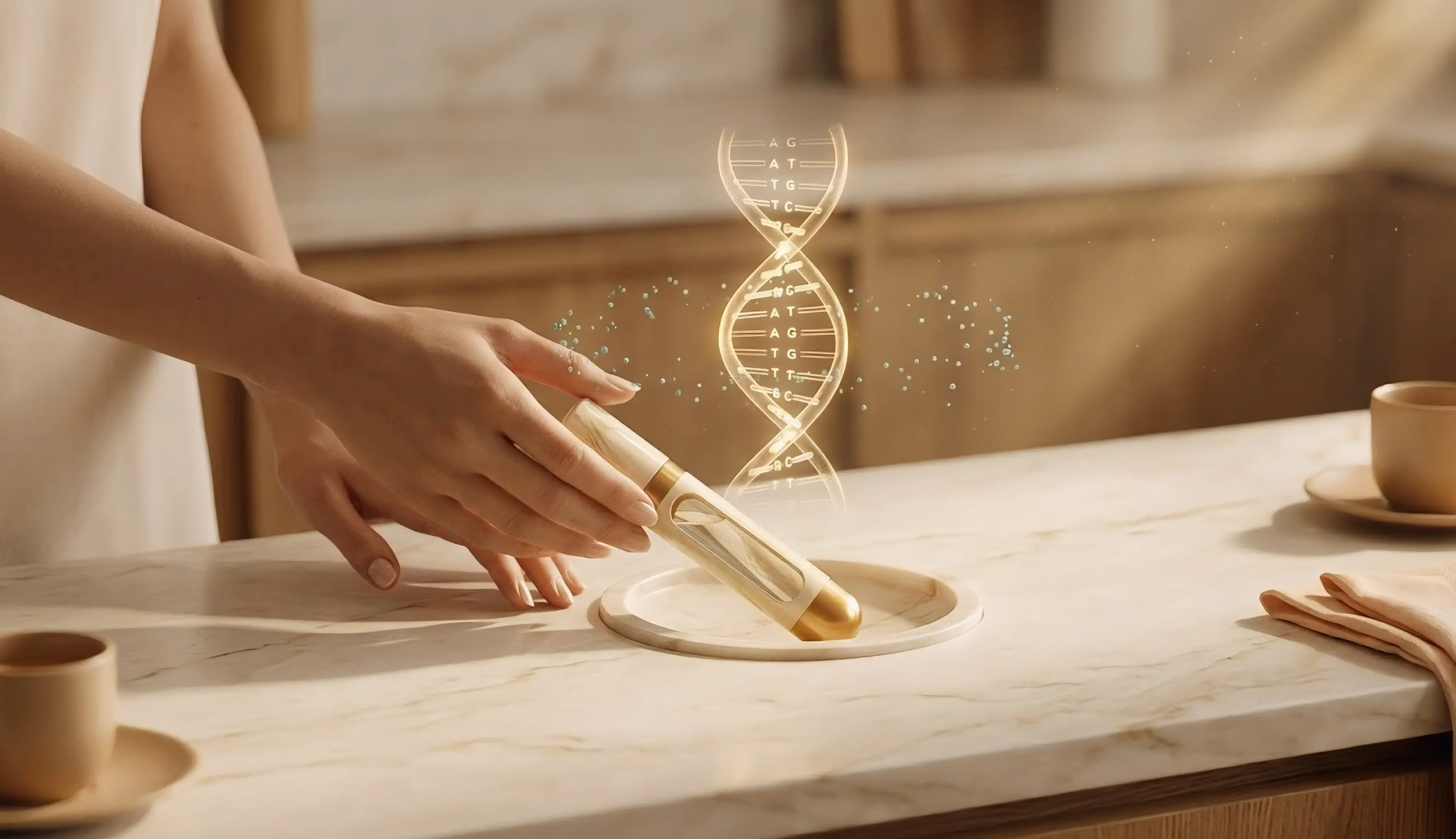Hands lowering a DNA vial into a cream marble cradle with a holographic golden helix forming above