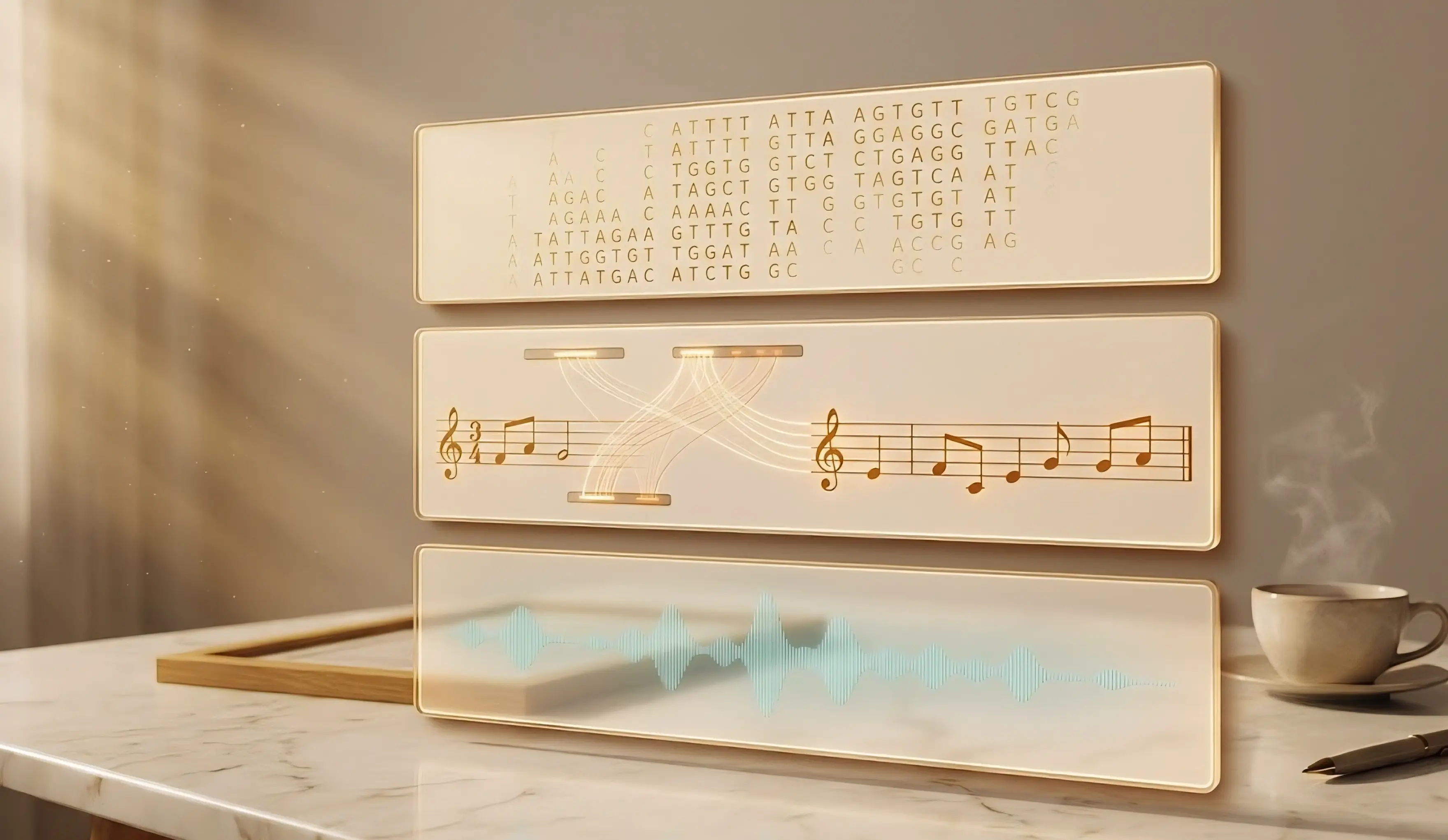 Three stacked translucent holographic panels showing nucleotide sequences, musical notation, and a waveform analyzer