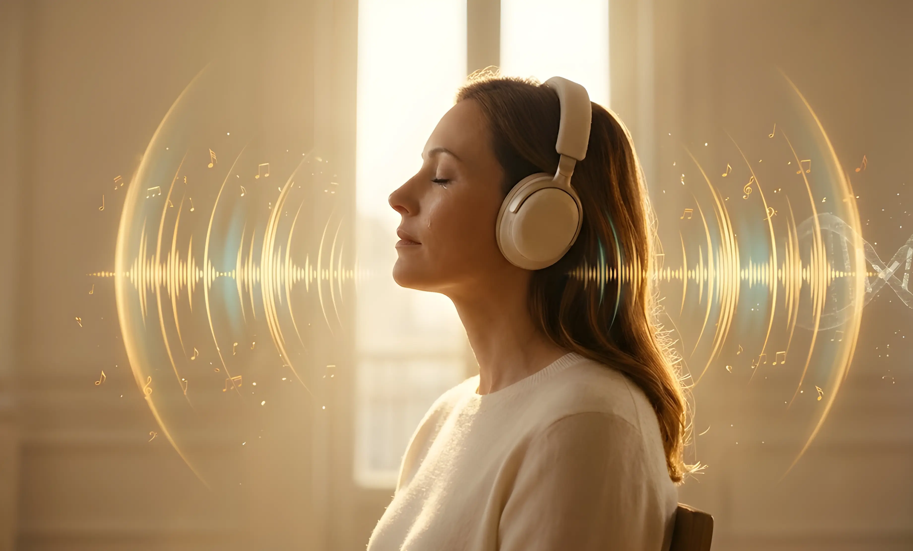 Woman in cream wool headphones, eyes closed, a golden audio waveform rising in arcs around her head