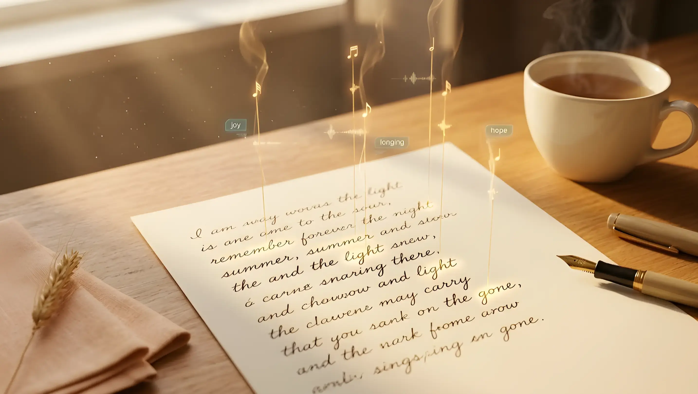 A handwritten poem on cream paper with golden threads rising from words and transforming into musical notation