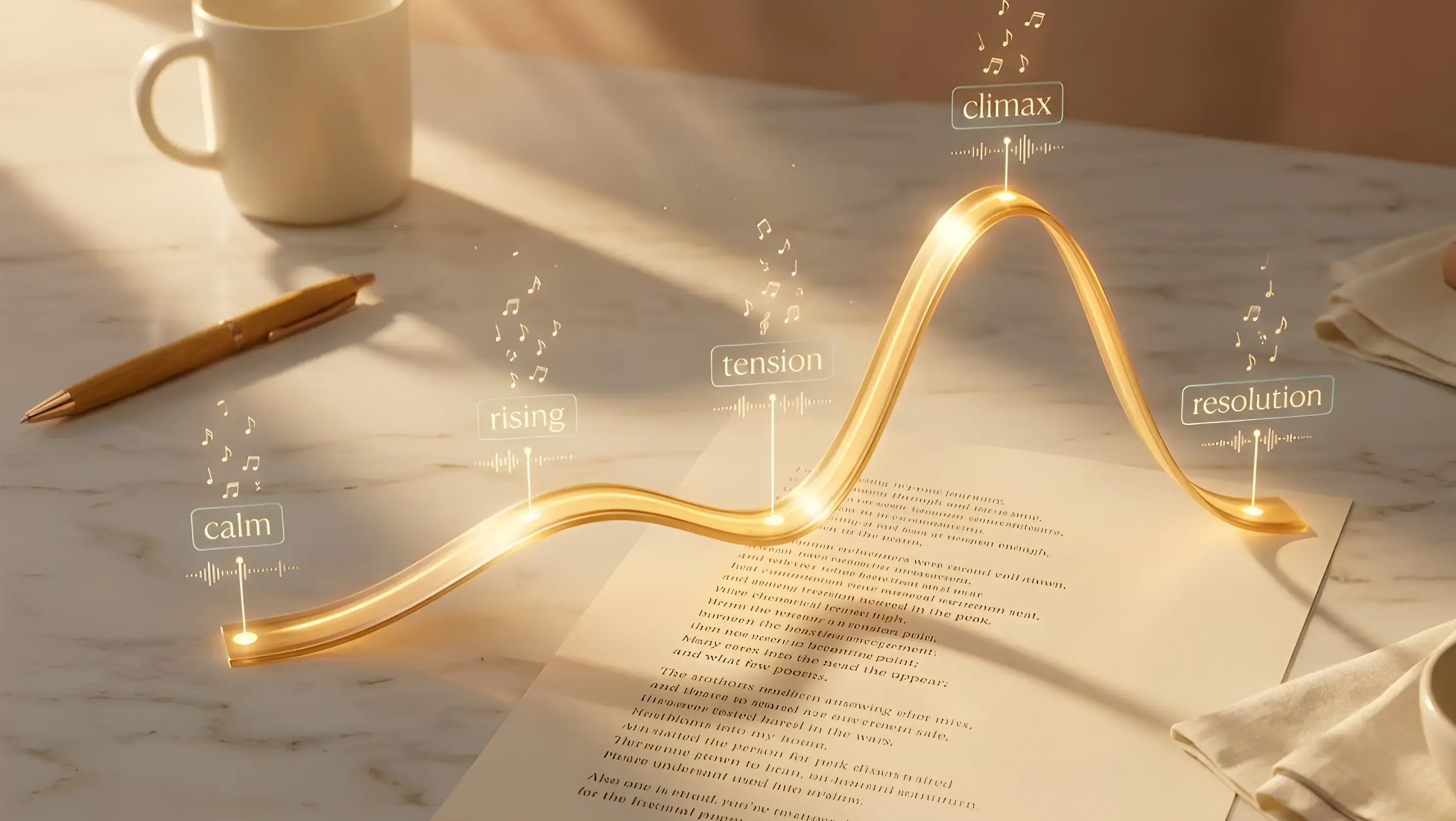 A flowing golden narrative arc line with emotion markers rising above printed poem pages on cream marble