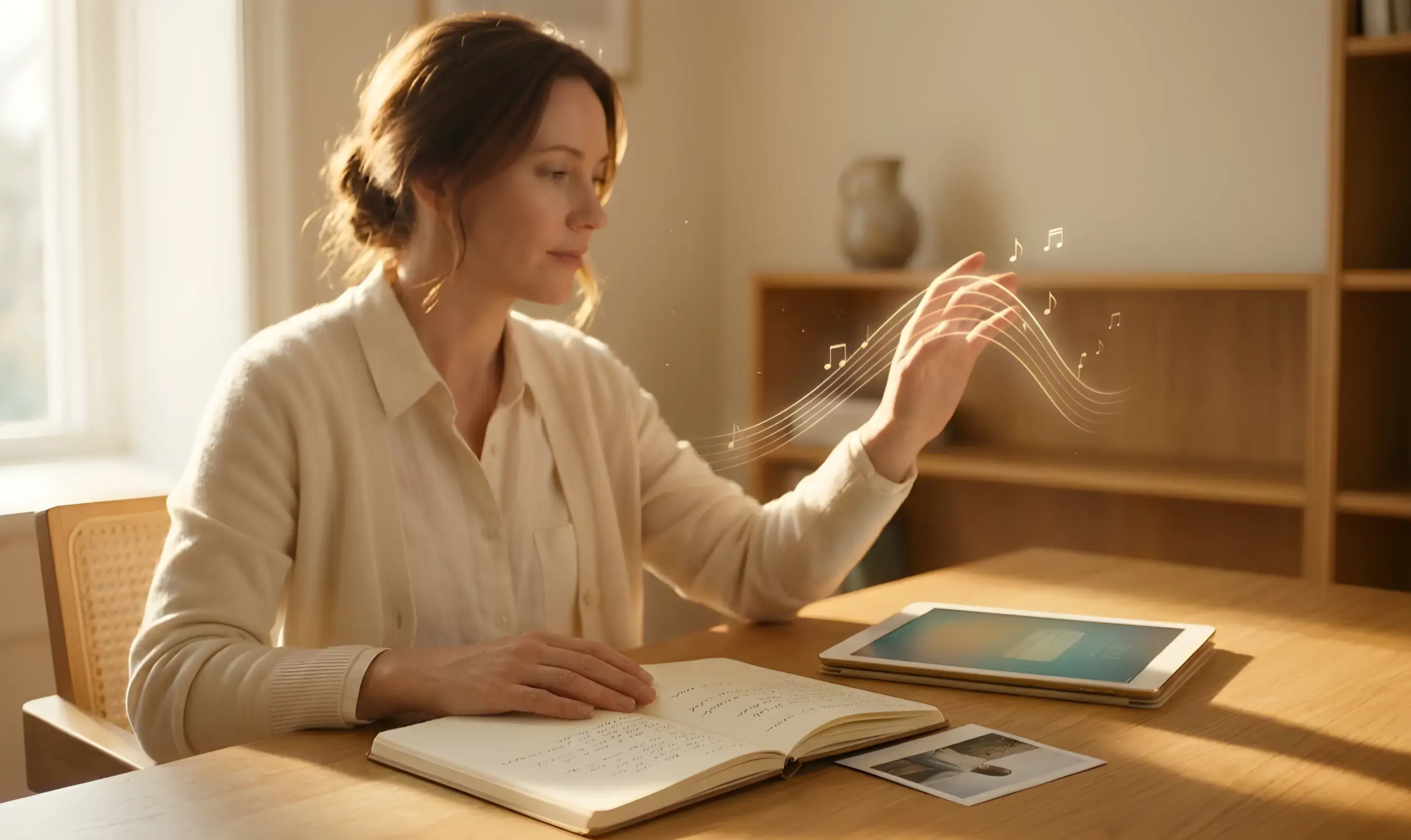 A woman at a honey-oak writing desk touching a holographic narrative arc floating above an open journal