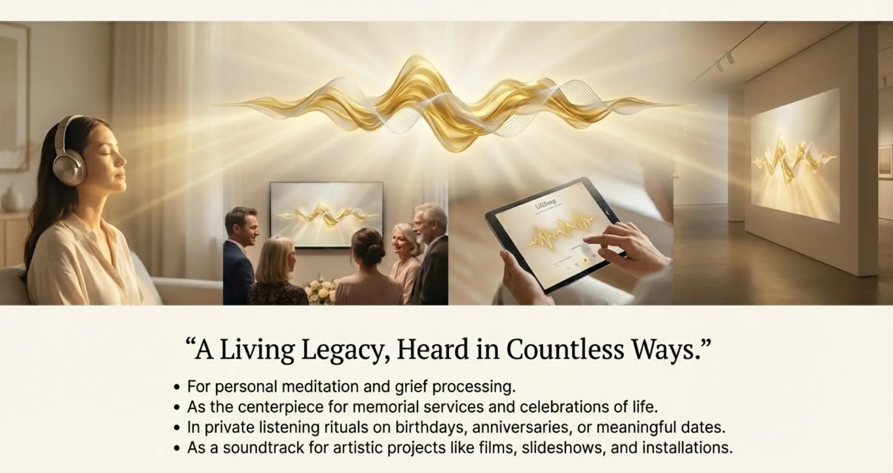 A Living Legacy — people listening to LifeSong at memorial service, meditation, and gallery scenes