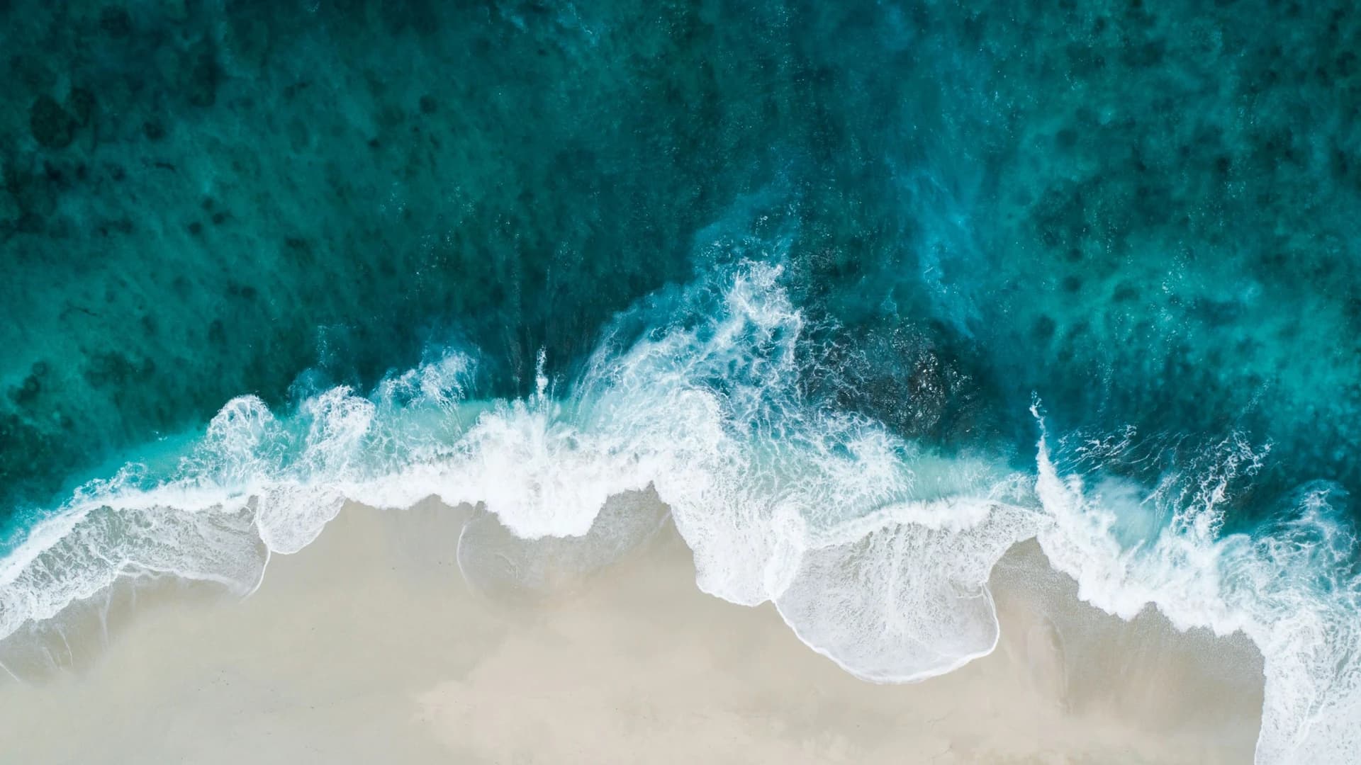 Aerial view of turquoise ocean meeting sandy shore