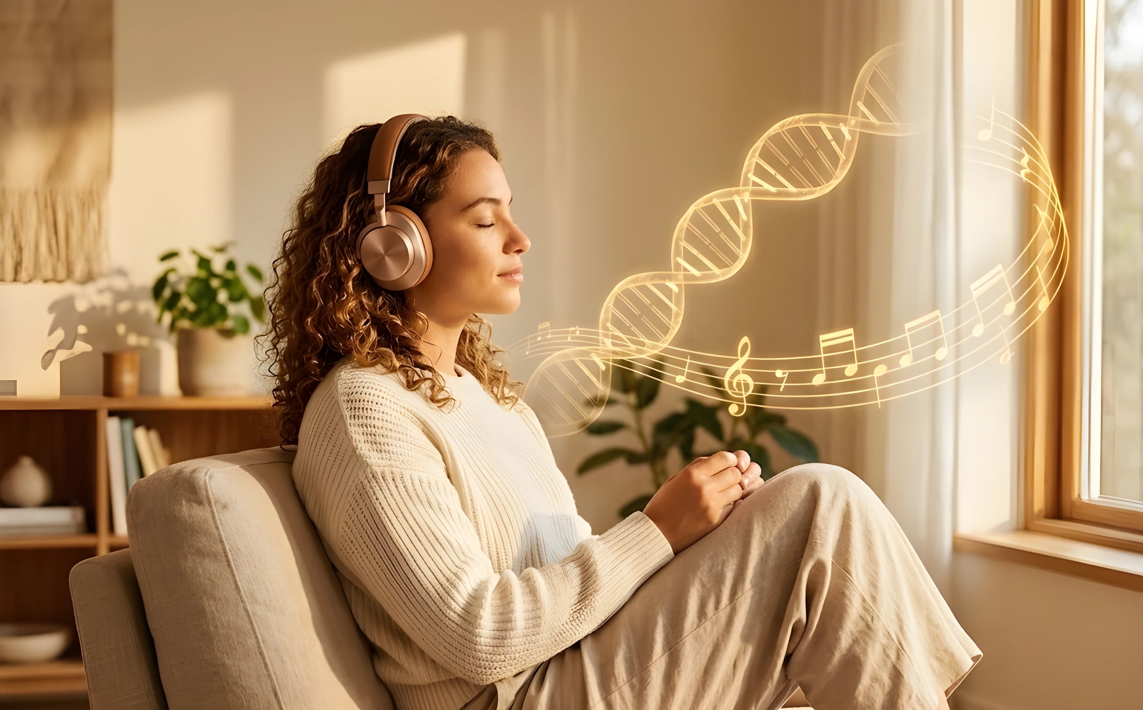 Person listening to a DNA composition through headphones, golden helix transitioning into musical notation