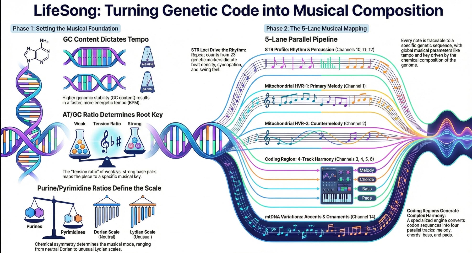 LifeSong: Turning Genetic Code into Musical Composition — an infographic showing how DNA sequences map to tempo, key, scale, rhythm, melody, harmony, and ornamentation