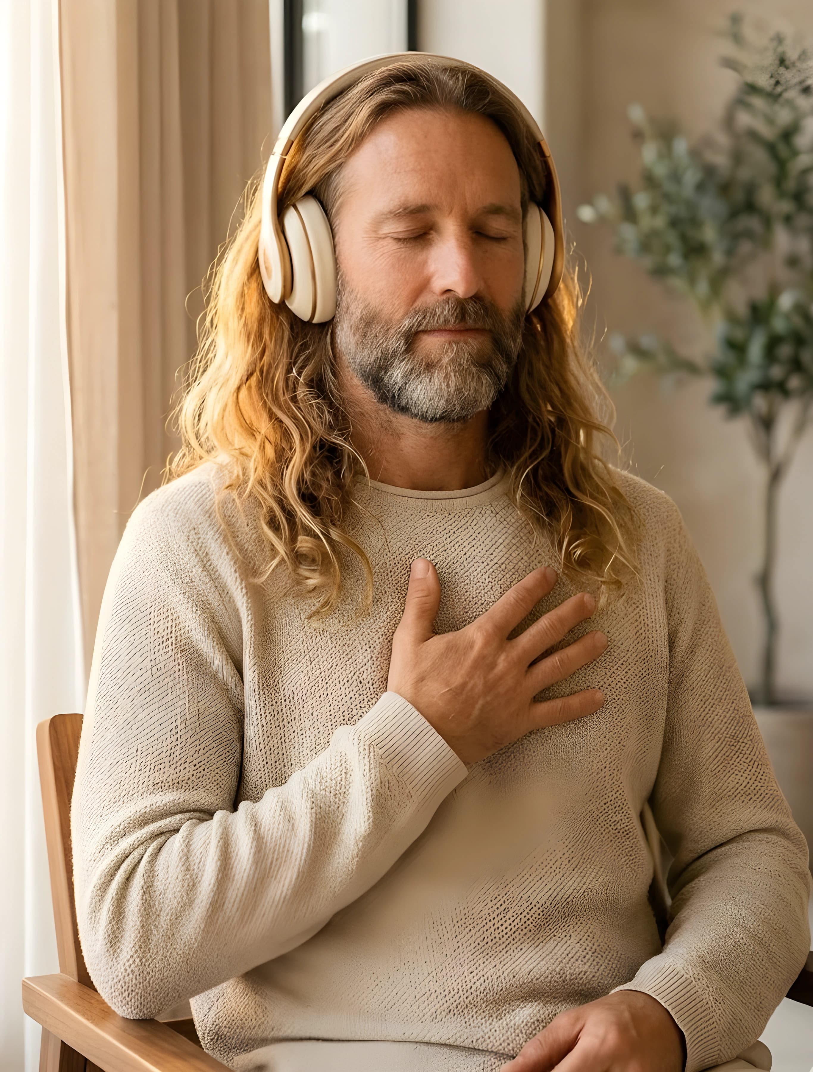 Bearded man with long hair and closed eyes, hand resting on his chest, listening to his DNA composition through warm-toned over-ear headphones in a sunlit room