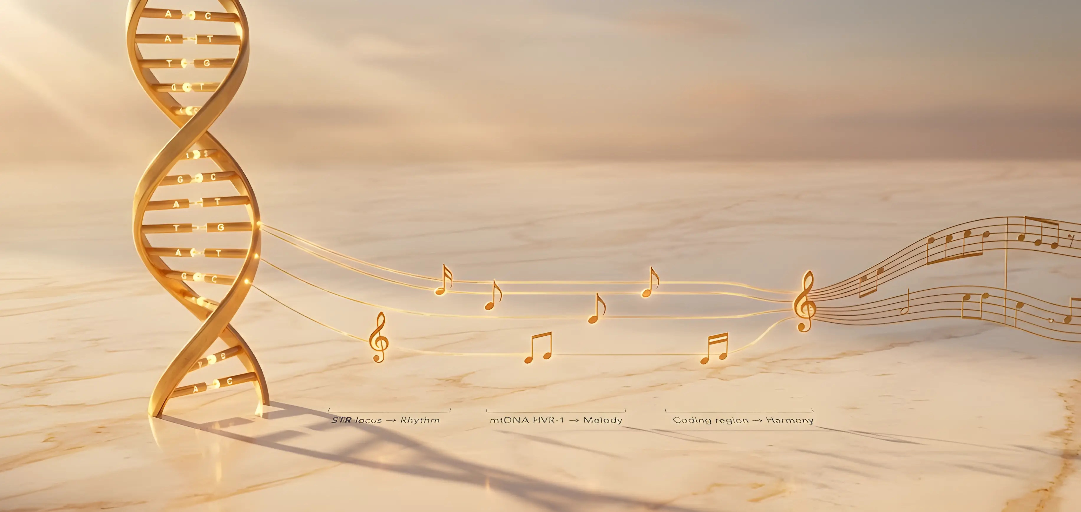 Wide panoramic shot of a golden DNA helix on the left with luminous threads extending to musical notation on the right — every note traceable to a gene