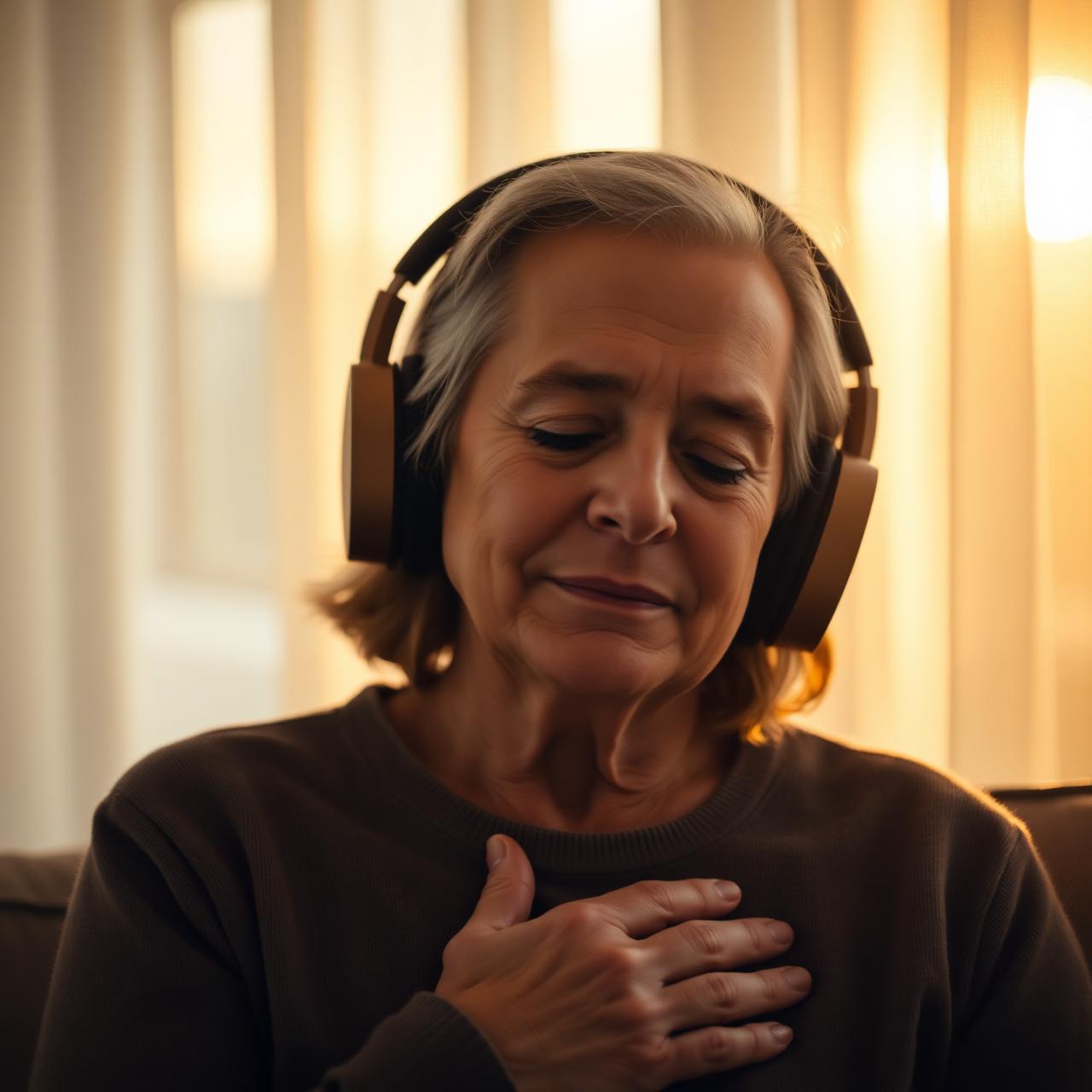 Someone listening with closed eyes to their Life's Song in warm golden-hour light