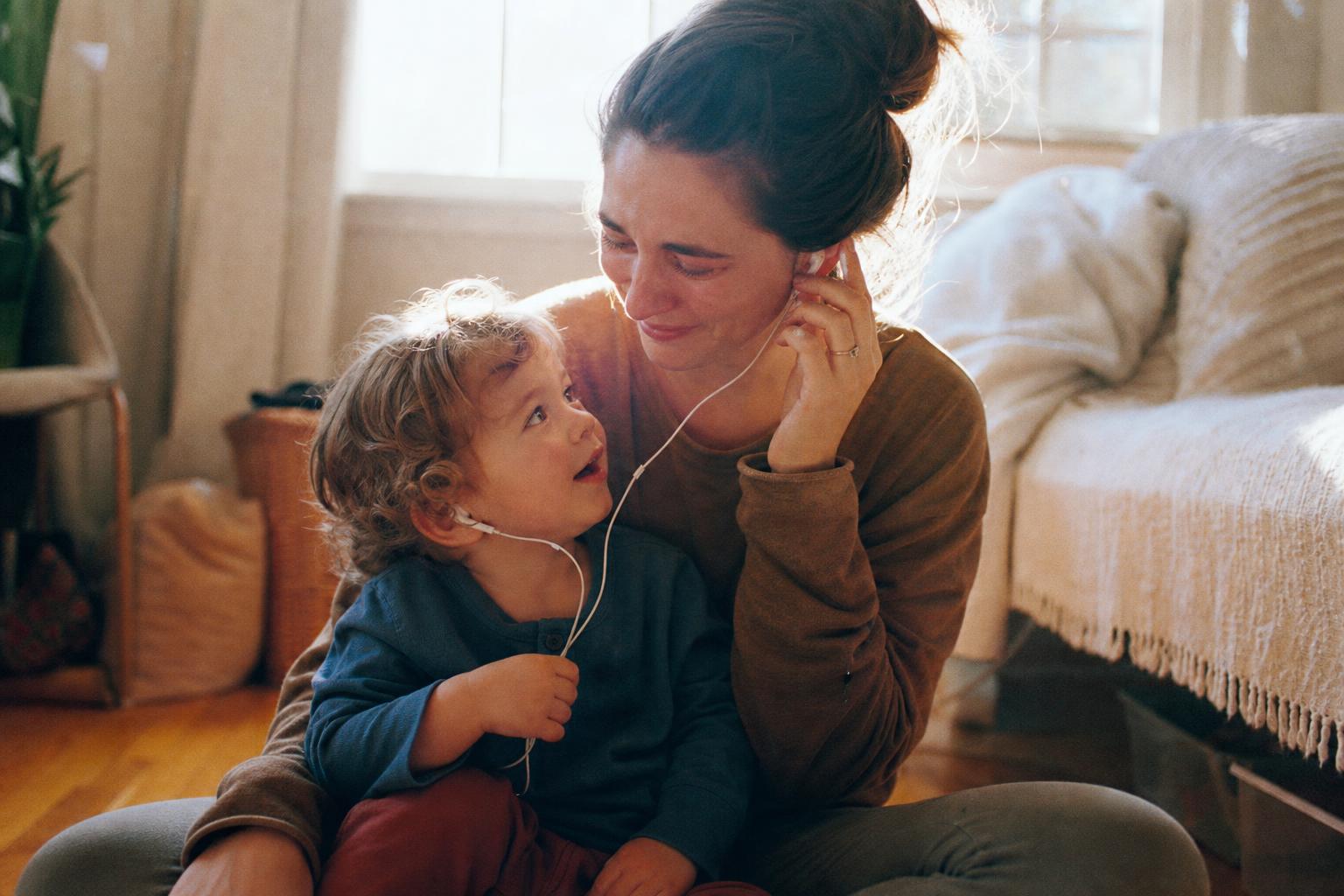 Three generations listening to music together