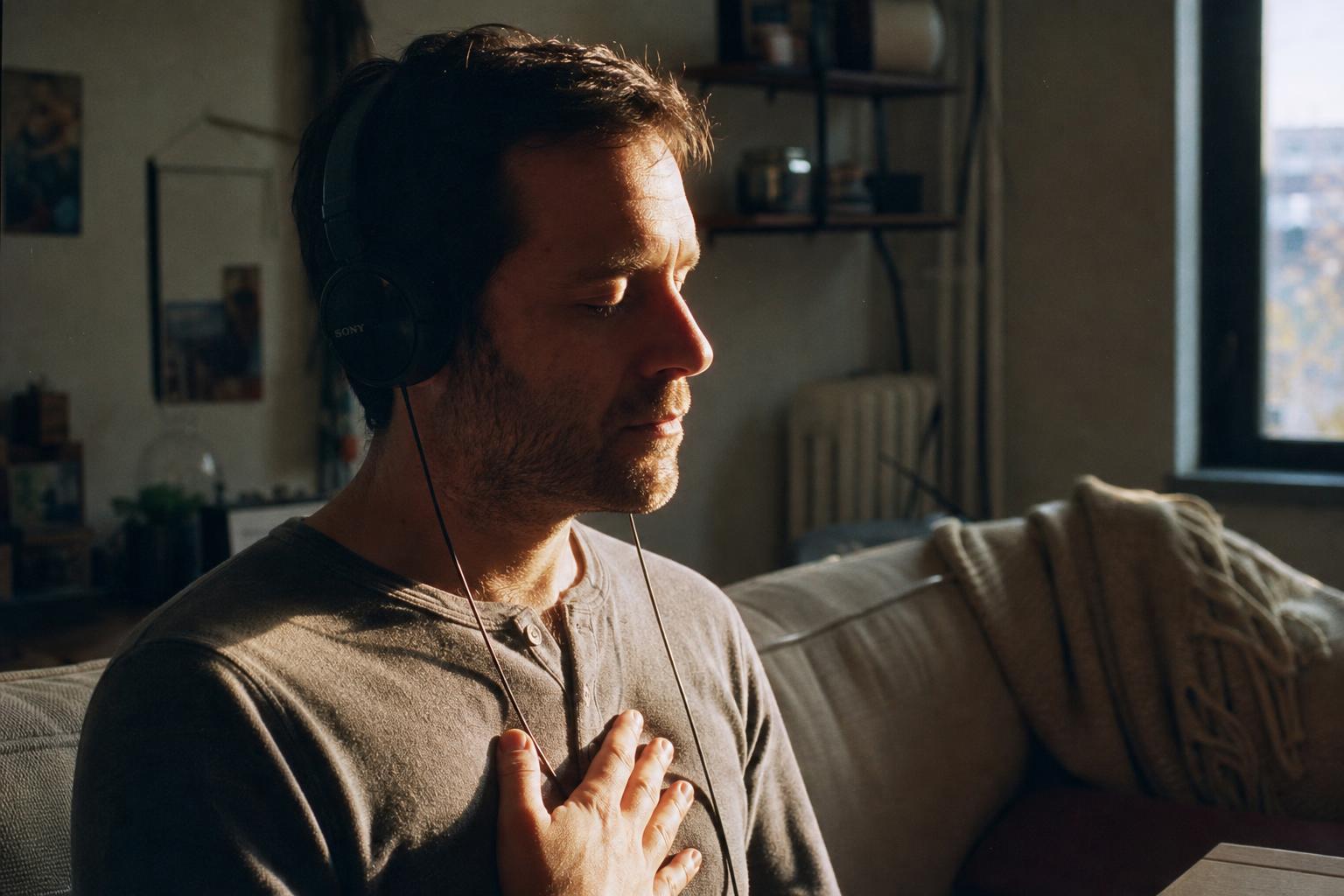 A man with headphones on, one hand over his heart, listening with eyes closed