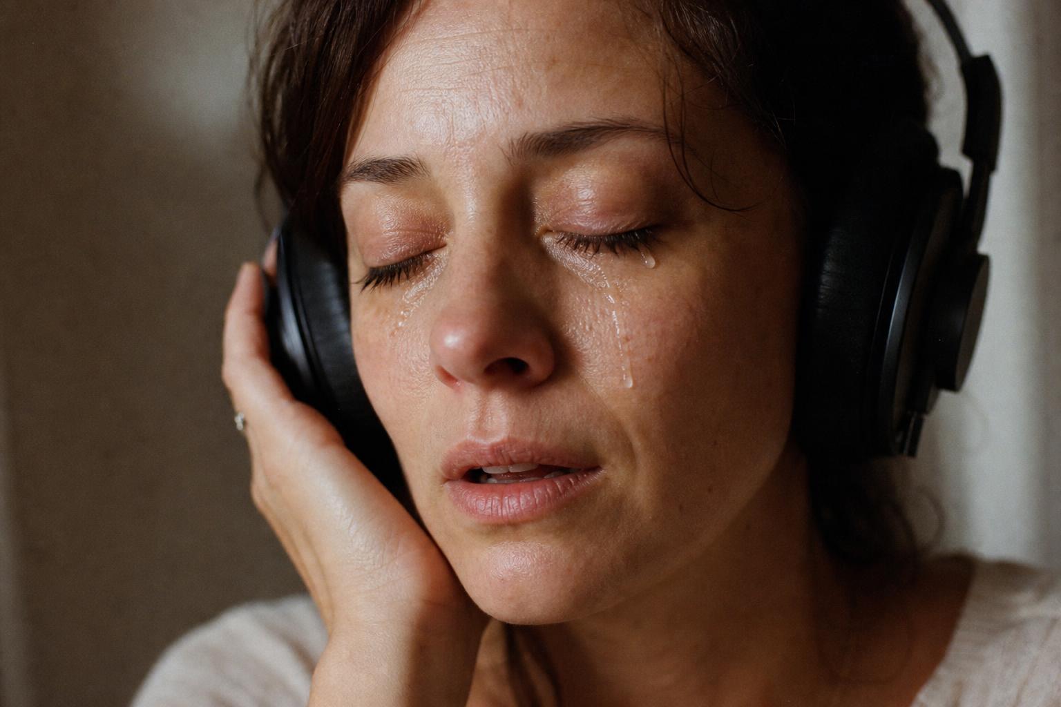 A close portrait of a woman, eyes softly closed, listening
